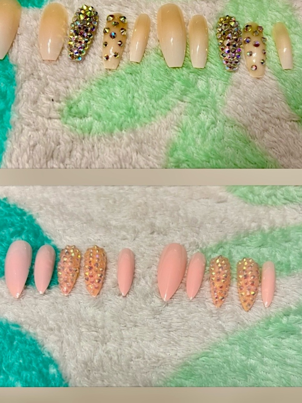 Custom Pink and Nude Rhinestone Press-On Nail Set - Women Accessories